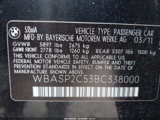 Aukcja sprzedaży 2011 Bmw 535i Gran Turismo Xdrive, vin: WBASP2C53BC338000, numer aukcji: 44640365