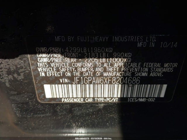 44640375 :رقم المزاد ، JF1GPAW6XF8204686 vin ، 2015 Subaru Impreza 2.0i Sport Limited مزاد بيع