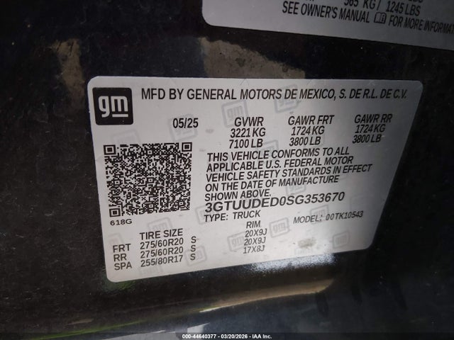 44640377 :رقم المزاد ، 3GTUUDED0SG353670 vin ، 2025 Gmc Sierra 1500 4wd  Short Box Slt مزاد بيع