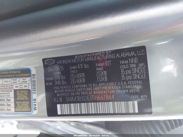 2026 Hyundai Tucson Sel მანქანა იყიდება აუქციონზე, vin: 5NMJB3DE1TH667864, აუქციონის ნომერი: 44640392