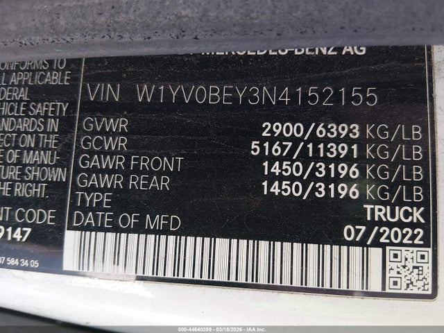 Aukcja sprzedaży 2022 Mercedes-benz Metris, vin: W1YV0BEY3N4152155, numer aukcji: 44640399
