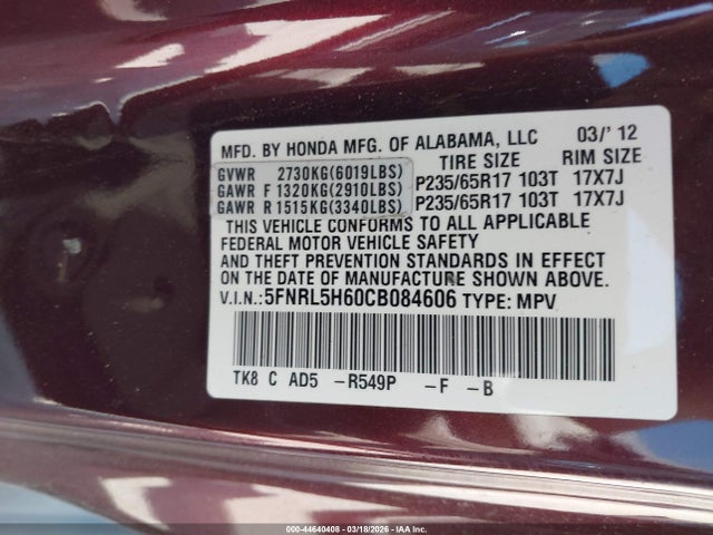 2012 HONDA ODYSSEY 5FNRL5H60CB084606 Photo 8