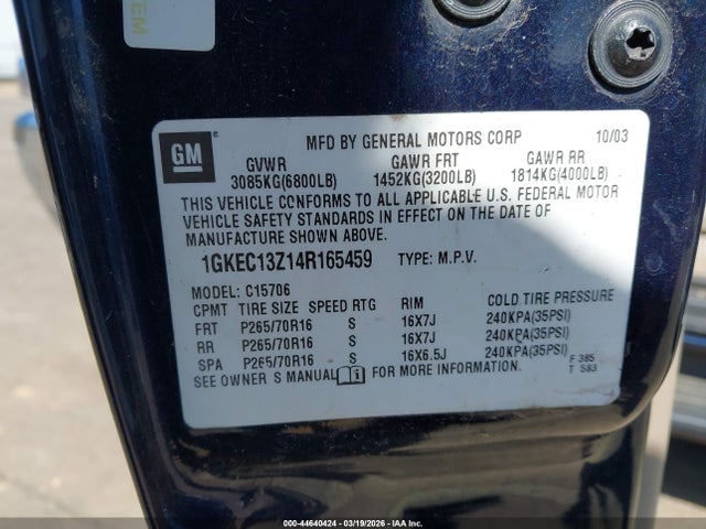 44640424 :رقم المزاد ، 1GKEC13Z14R165459 vin ، 2004 Gmc Yukon Slt مزاد بيع