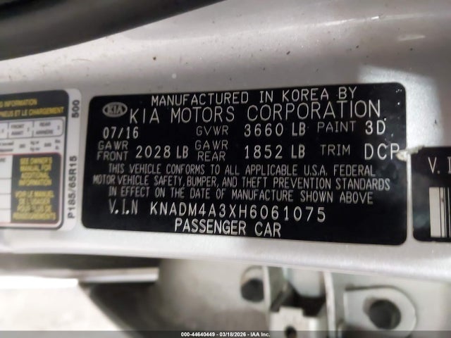 44640449 :رقم المزاد ، KNADM4A3XH6061075 vin ، 2017 Kia Rio Lx مزاد بيع