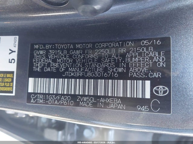JTDKBRFU8G3016716 Toyota Prius Two
