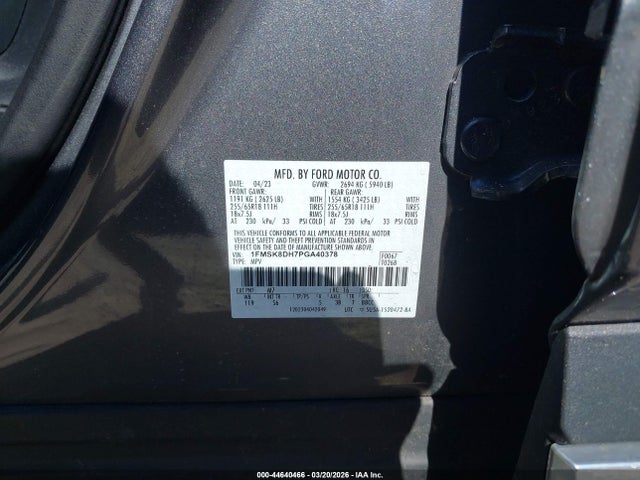 44640466 :رقم المزاد ، 1FMSK8DH7PGA40378 vin ، 2023 Ford Explorer Xlt مزاد بيع