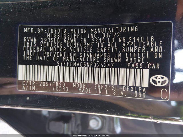 Toyota COROLLA LE 2022 5YFEPMAE6NP325347 Image 9