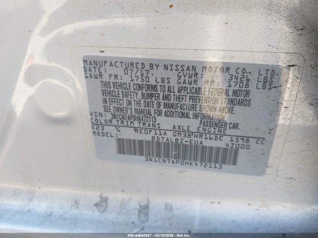 3N1CN7AP0HK472113 Nissan Versa 1.6 Sv