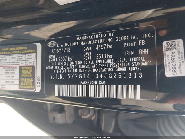 2018 Kia Optima Lx მანქანა იყიდება აუქციონზე, vin: 5XXGT4L34JG261313, აუქციონის ნომერი: 44640517