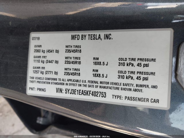 Aukcja sprzedaży 2019 Tesla Model 3 Long Range/mid Range/standard Range/standard Range Plus, vin: 5YJ3E1EA5KF402753, numer aukcji: 44640525