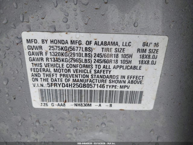 44640539 :رقم المزاد ، 5FRYD4H25GB057146 vin ، 2016 Acura Mdx Acurawatch Plus Package مزاد بيع