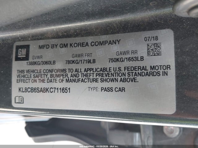44640542 :رقم المزاد ، KL8CB6SA8KC711651 vin ، 2019 Chevrolet Spark Ls Cvt مزاد بيع