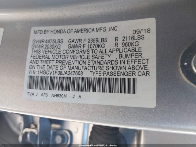 2018 Honda Accord Sport მანქანა იყიდება აუქციონზე, vin: 1HGCV1F38JA247608, აუქციონის ნომერი: 44640559