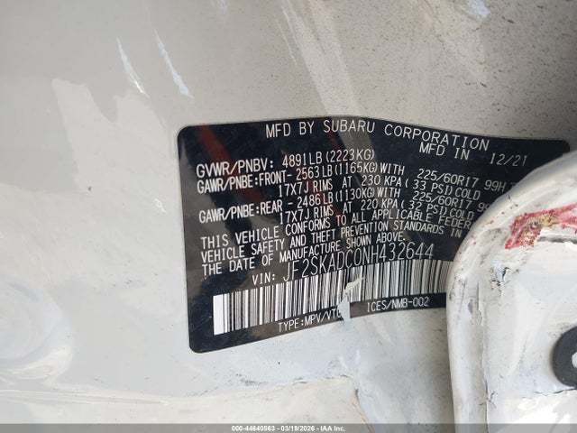 44640563 :رقم المزاد ، JF2SKADC0NH432644 vin ، 2022 Subaru Forester Premium مزاد بيع