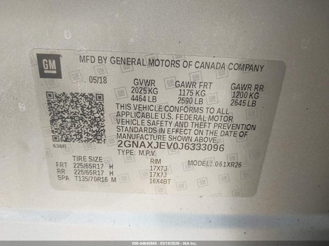 2GNAXJEV0J6333096 Chevrolet EQUINOX LT