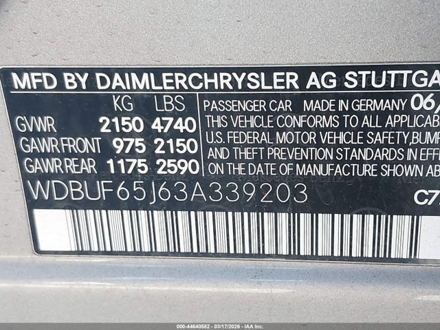Aukcja sprzedaży 2003 Mercedes-benz E 320, vin: WDBUF65J63A339203, numer aukcji: 44640582