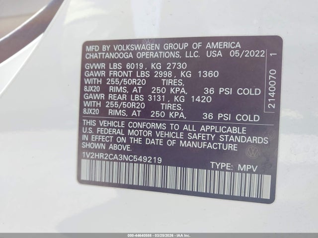 44640588 :رقم المزاد ، 1V2HR2CA3NC549219 vin ، 2022 Volkswagen Atlas 3.6l V6 Se W/technology مزاد بيع