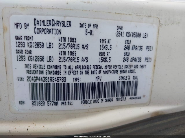 2001 CHRYSLER TOWN & COUNTRY 2C4GP44391R345783 Photo 8