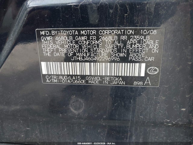 Продажа на аукционе авто 2009 Lexus Es 350, vin: JTHBJ46G492296996, номер лота: 44640601
