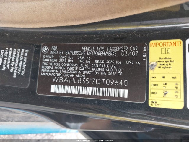 44640607 :رقم المزاد ، WBAHL83517DT09640 vin ، 2007 Bmw 750i مزاد بيع