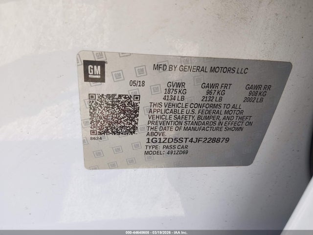 44640608 :رقم المزاد ، 1G1ZD5ST4JF228879 vin ، 2018 Chevrolet Malibu Lt مزاد بيع
