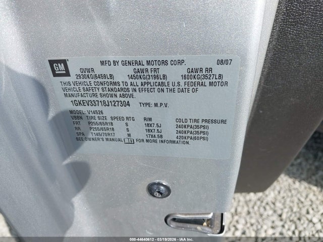 44640612 :رقم المزاد ، 1GKEV33718J127304 vin ، 2008 Gmc Acadia Slt-2 مزاد بيع