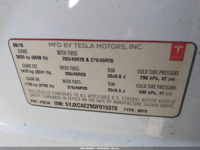 44640617 :رقم المزاد ، 5YJXCAE29GF015078 vin ، 2016 Tesla Model X 60d/70d/75d/90d مزاد بيع