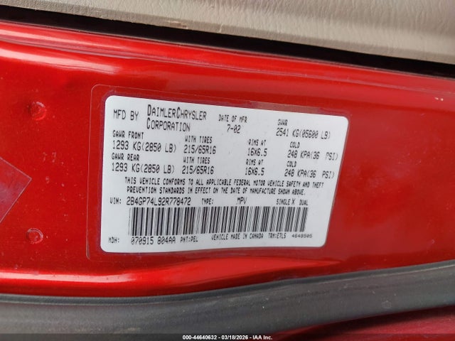 Продаж на аукціоні авто 2002 Dodge Grand Caravan Ex, vin: 2B4GP74L92R778472, номер лоту: 44640632