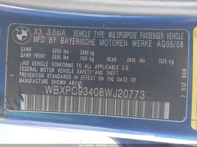 Продажа на аукционе авто 2008 Bmw X3 3.0si, vin: WBXPC93408WJ20773, номер лота: 44640636