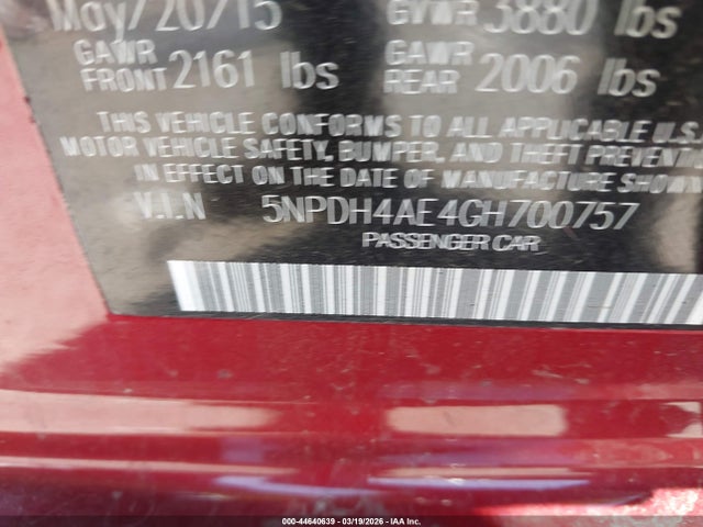 44640639 :رقم المزاد ، 5NPDH4AE4GH700757 vin ، 2016 Hyundai Elantra Se مزاد بيع