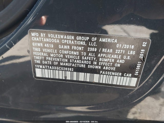 Продаж на аукціоні авто 2016 Volkswagen Passat 1.8t R-line, vin: 1VWAT7A3XGC026382, номер лоту: 44640655