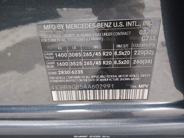 Aukcja sprzedaży 2010 Mercedes-benz Ml 350 4matic, vin: 4JGBB8GB5AA602991, numer aukcji: 44640657