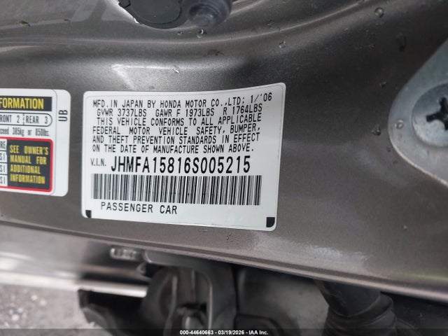 44640663 :رقم المزاد ، JHMFA15816S005215 vin ، 2006 Honda Civic Ex مزاد بيع