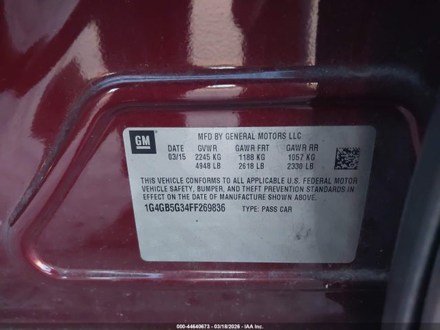 2015 Buick Lacrosse Leather მანქანა იყიდება აუქციონზე, vin: 1G4GB5G34FF269836, აუქციონის ნომერი: 44640673