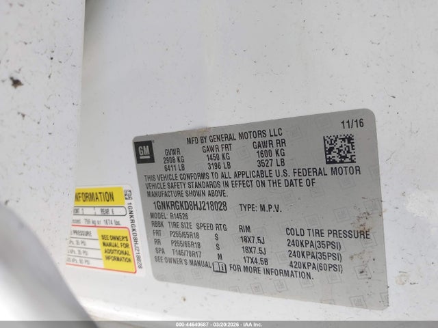 Aukcja sprzedaży 2017 Chevrolet Traverse 1lt, vin: 1GNKRGKD8HJ218028, numer aukcji: 44640687