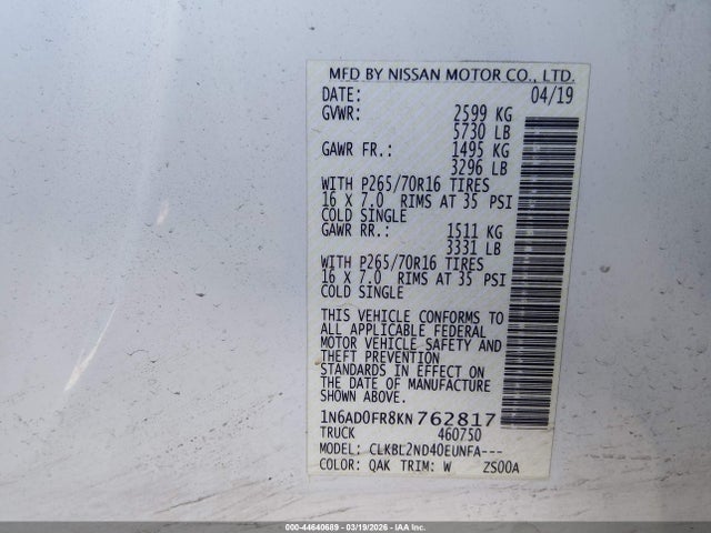 1N6AD0FR8KN762817 Nissan Frontier Sv