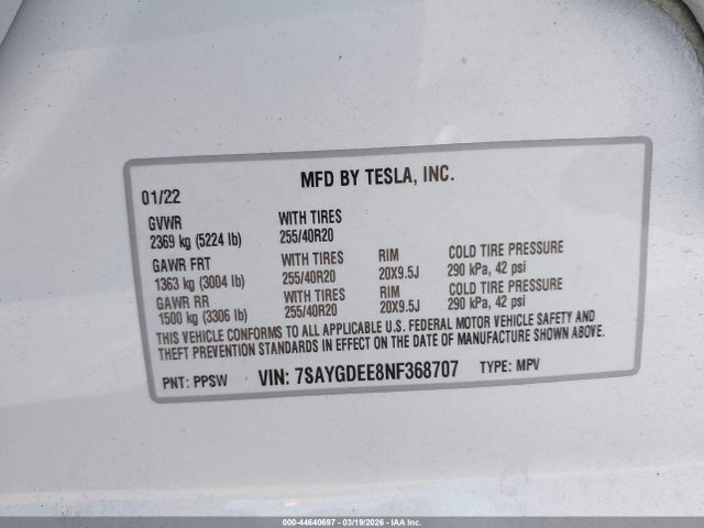 Aukcja sprzedaży 2022 Tesla Model Y Long Range Dual Motor All-wheel Drive, vin: 7SAYGDEE8NF368707, numer aukcji: 44640697