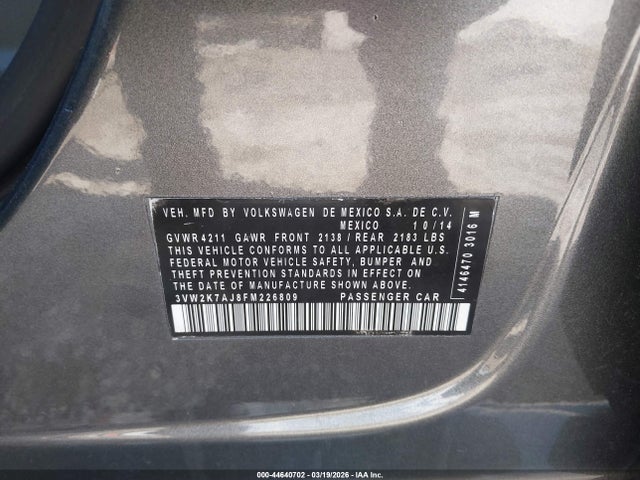 Aukcja sprzedaży 2015 Volkswagen Jetta 2.0l S, vin: 3VW2K7AJ8FM226809, numer aukcji: 44640702