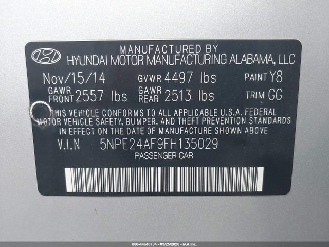 2015 Hyundai Sonata Se მანქანა იყიდება აუქციონზე, vin: 5NPE24AF9FH135029, აუქციონის ნომერი: 44640704