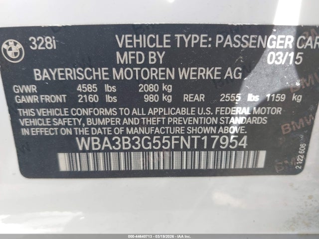 44640713 :رقم المزاد ، WBA3B3G55FNT17954 vin ، 2015 Bmw 328i Xdrive مزاد بيع