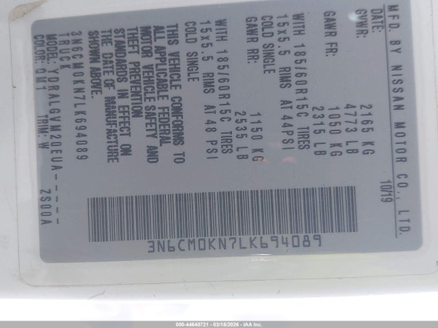 3N6CM0KN7LK694089 Nissan Nv200 Cargo Sv Xtronic Cvt