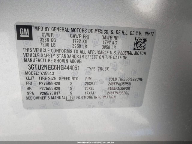 Aukcja sprzedaży 2017 Gmc Sierra 1500 Slt, vin: 3GTU2NEC6HG444051, numer aukcji: 44640734