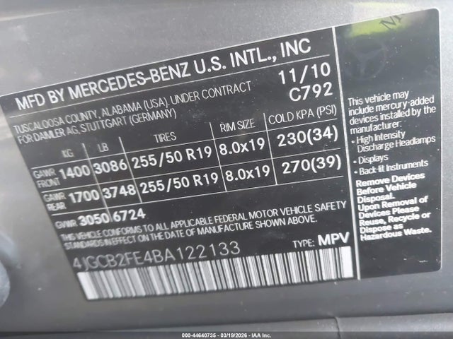 44640735 :رقم المزاد ، 4JGCB2FE4BA122133 vin ، 2011 Mercedes-benz R 350 Bluetec 4matic مزاد بيع