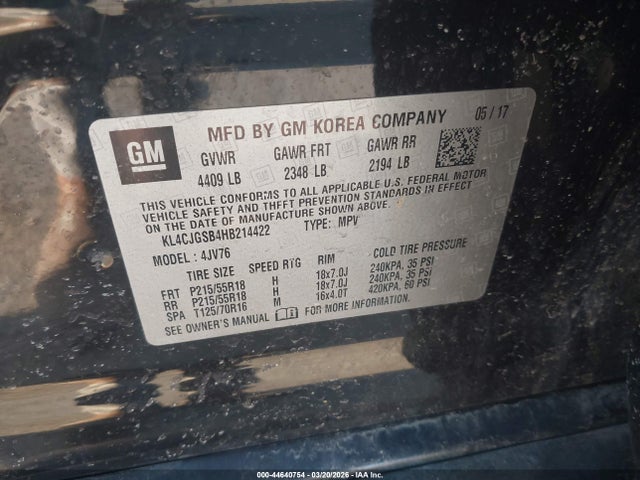 44640754 :رقم المزاد ، KL4CJGSB4HB214422 vin ، 2017 Buick Encore Essence مزاد بيع