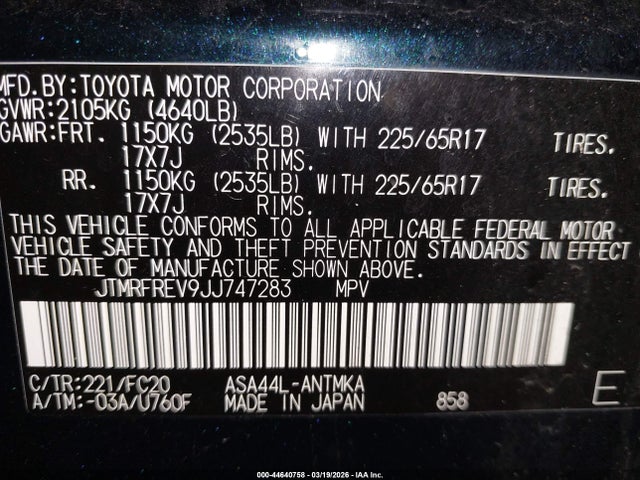 Продажа на аукционе авто 2018 Toyota Rav4 Xle, vin: JTMRFREV9JJ747283, номер лота: 44640758
