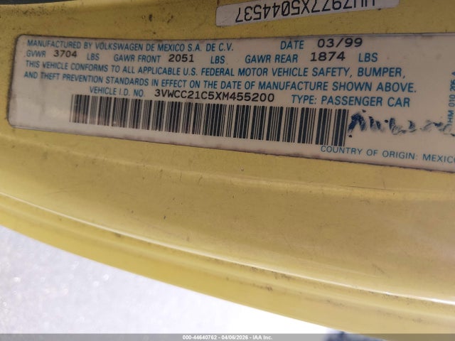Продаж на аукціоні авто 1999 Volkswagen New Beetle Gls, vin: 3VWCC21C5XM455200, номер лоту: 44640762