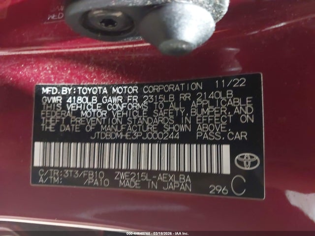 Продаж на аукціоні авто 2023 Toyota Corolla Hybrid Le, vin: JTDBDMHE3PJ000244, номер лоту: 44640768