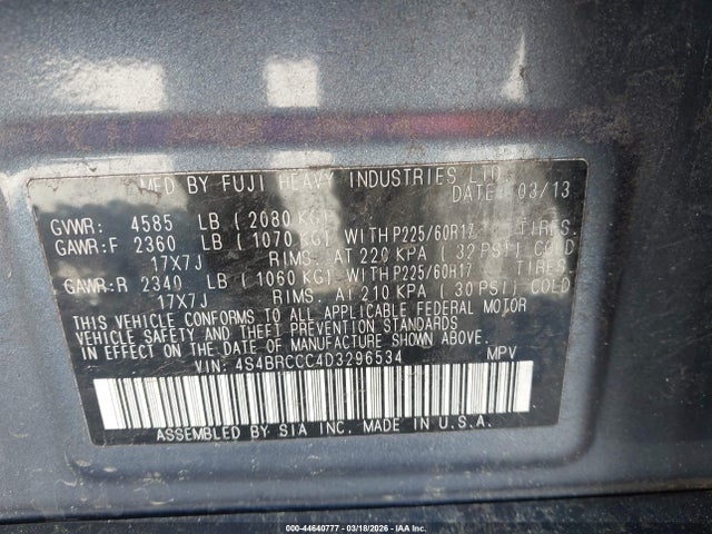 Aukcja sprzedaży 2013 Subaru Outback 2.5i Premium, vin: 4S4BRCCC4D3296534, numer aukcji: 44640777