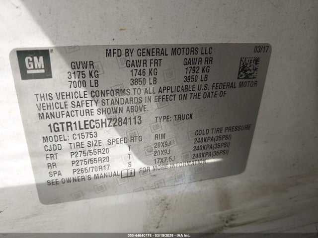 44640778 :رقم المزاد ، 1GTR1LEC5HZ284113 vin ، 2017 Gmc Sierra 1500 مزاد بيع
