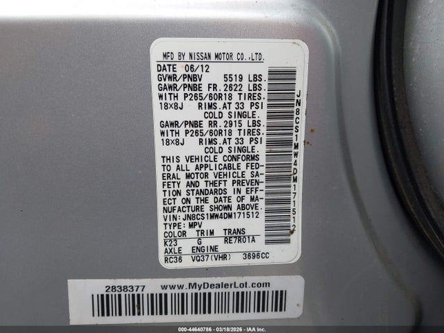 Aukcja sprzedaży 2013 Infiniti Fx37, vin: JN8CS1MW4DM171512, numer aukcji: 44640786